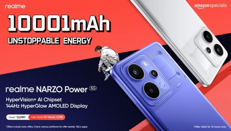 Realme vydalo Narzo Power 5G vybavené baterií 10 001 mAh a cenou 305 dolarů.